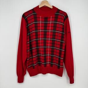 Vtg Pringle of Scotland Wool Sweater Womens L Plaid Tartan Red Mock Neck Jumper